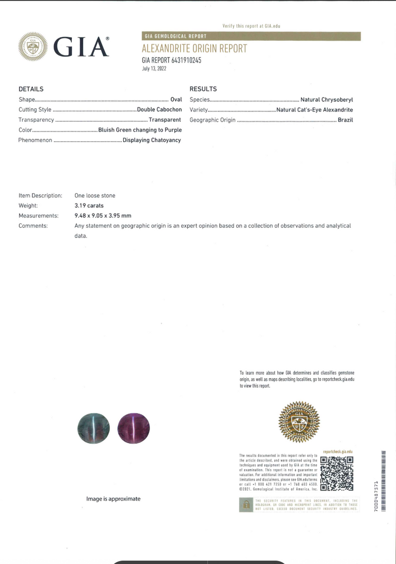 GIA Certified 3.19 ct Brazilian Alexandrite Cat's Ring
