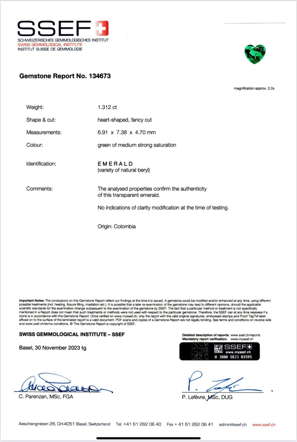 SSEF 1.312 ct Colombian “Non-oil” Heart Emerald
