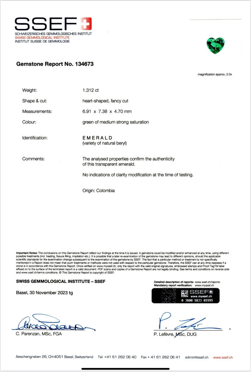 SSEF 1.312 ct Colombian “Non-oil” Heart Emerald