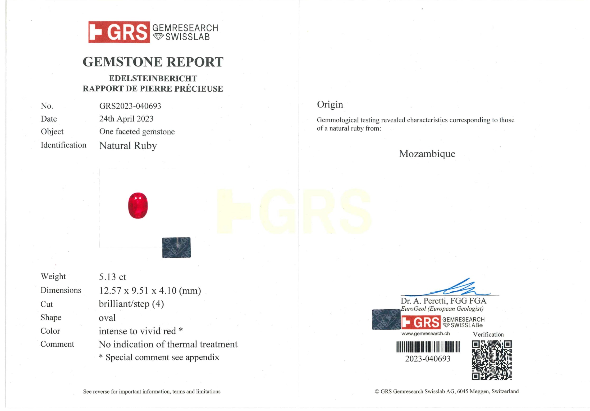 GRS certified 5.13 No Heat ”Pigeon blood” Ruby Pendant, Mozambique Origin