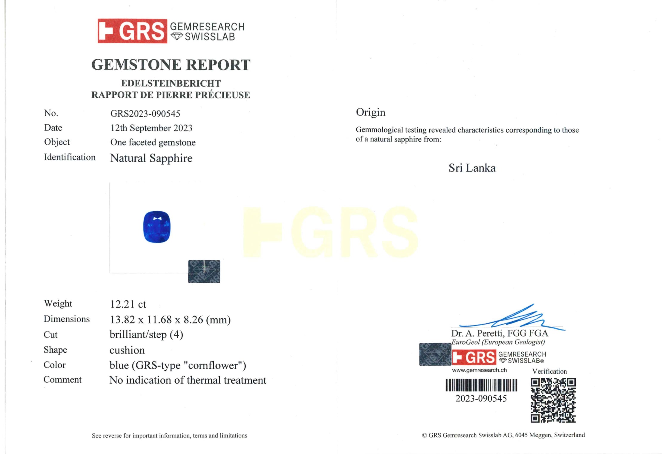 GRS Certified 12.21 ct No Heat “Cornflower” Sapphire Ring, Sri Lanka Origin