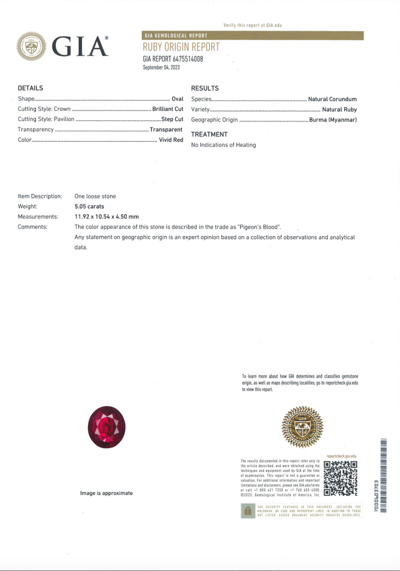 GRS/GIA certified 5.05 ct No Heat ”Pigeon blood” Ruby Ring, Burma Origin