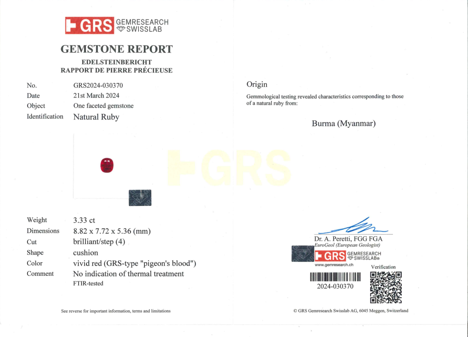 GRS certified 3.33 ct, 