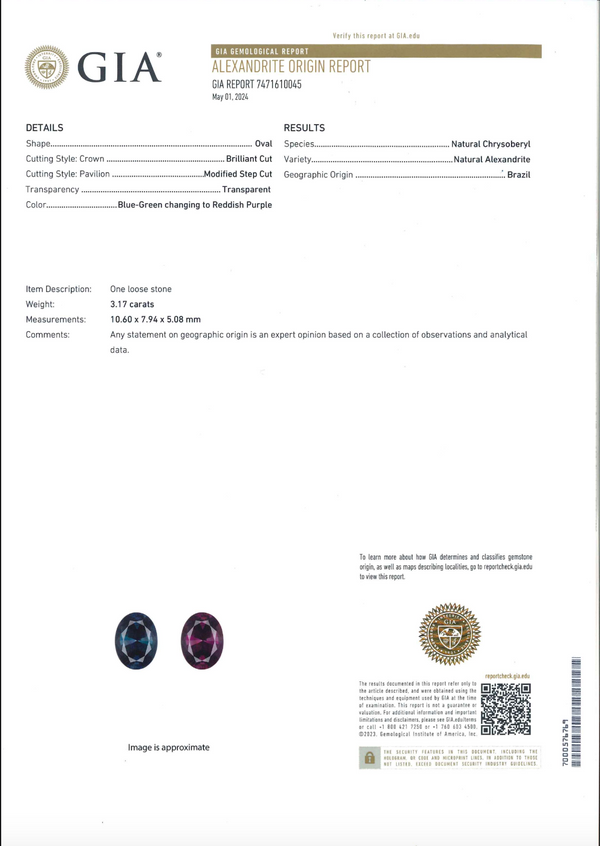 GIA Certified 3.17ct Brazilian Alexandrite Loose