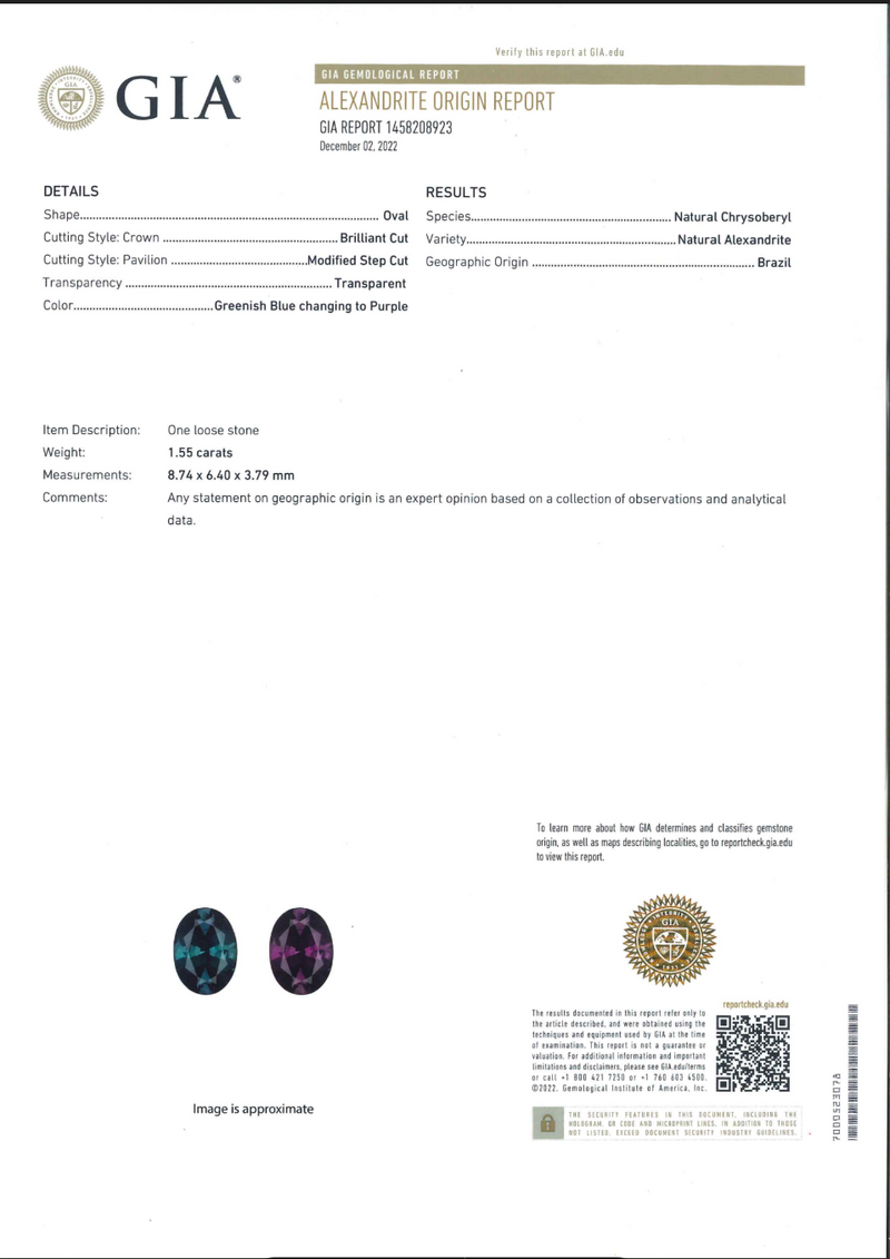 GIA Certified 1.55 ct Brazilian Alexandrite Ring
