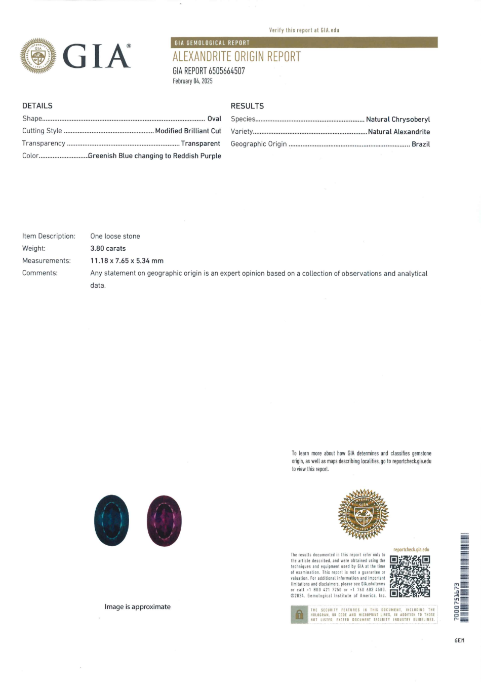 GIA Certified 3.80ct Brazilian Alexandrite Loose