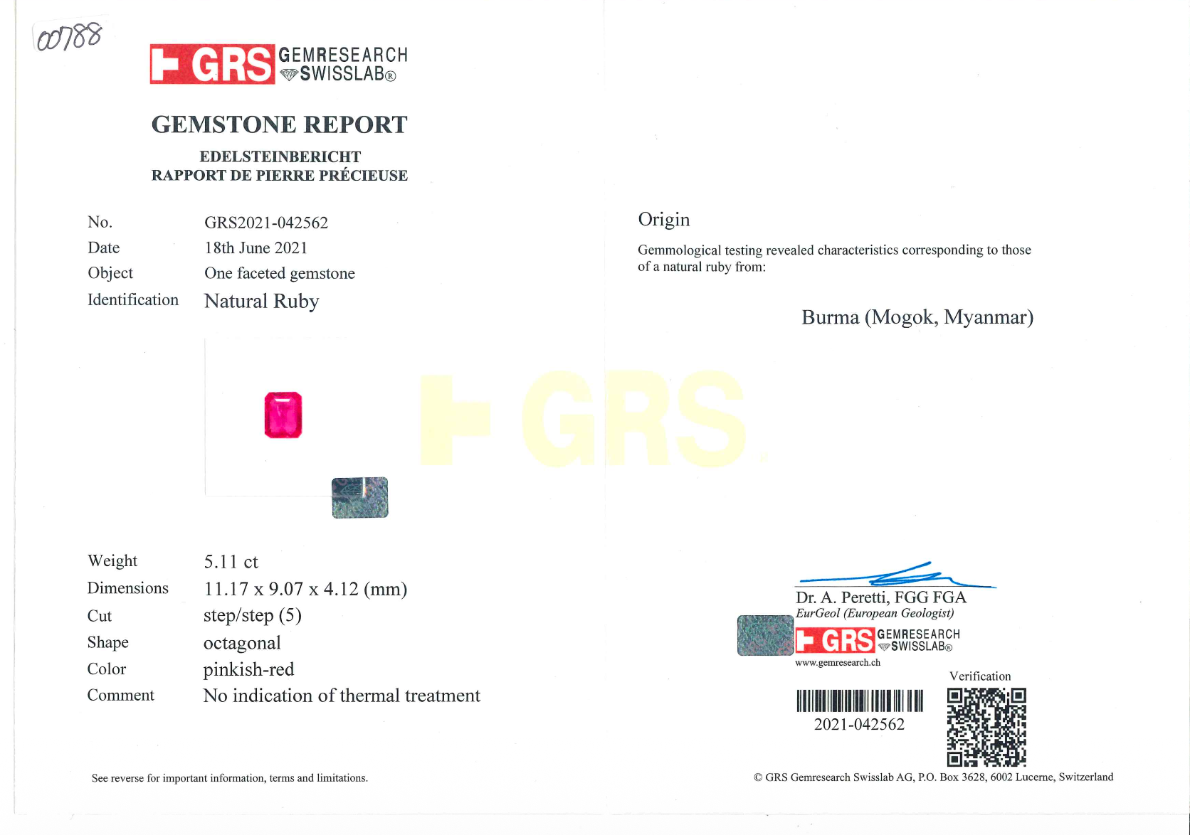 GRS Certified 5.11 ct Untreated Mogok Ruby Ring