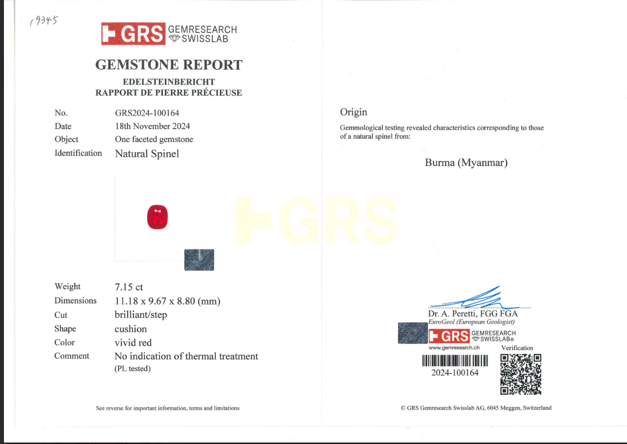GRS certified 7.15 ct Burmese Spinel