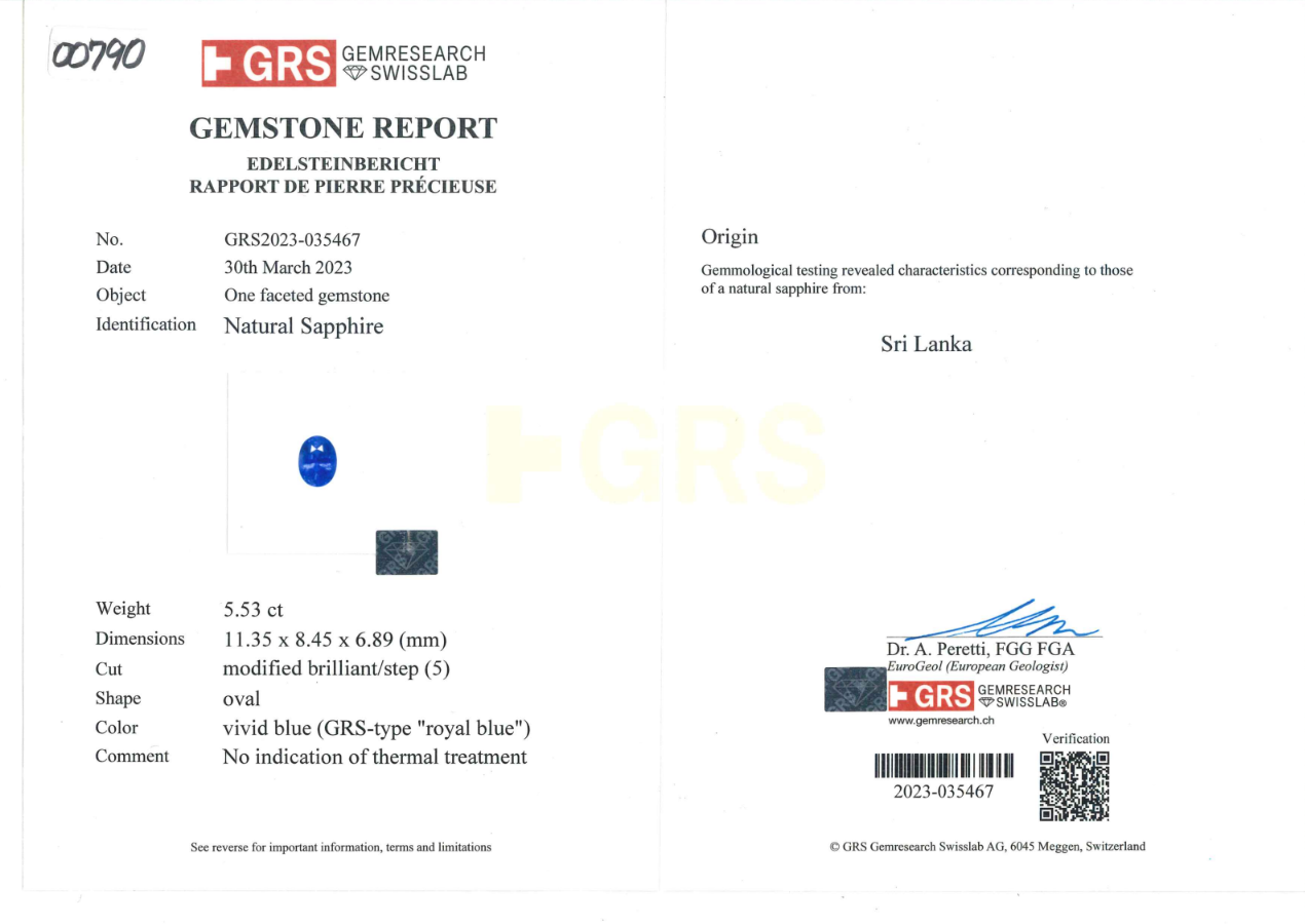 GRS Certified 5.53 ct “Royal Blue” Untreated Sapphire Ring, Sri Lanka Origin