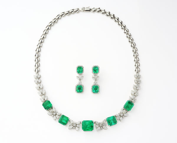 30.49ct Colombian "Non-Oil" Emeralds Necklace and Paired Emeralds Earring