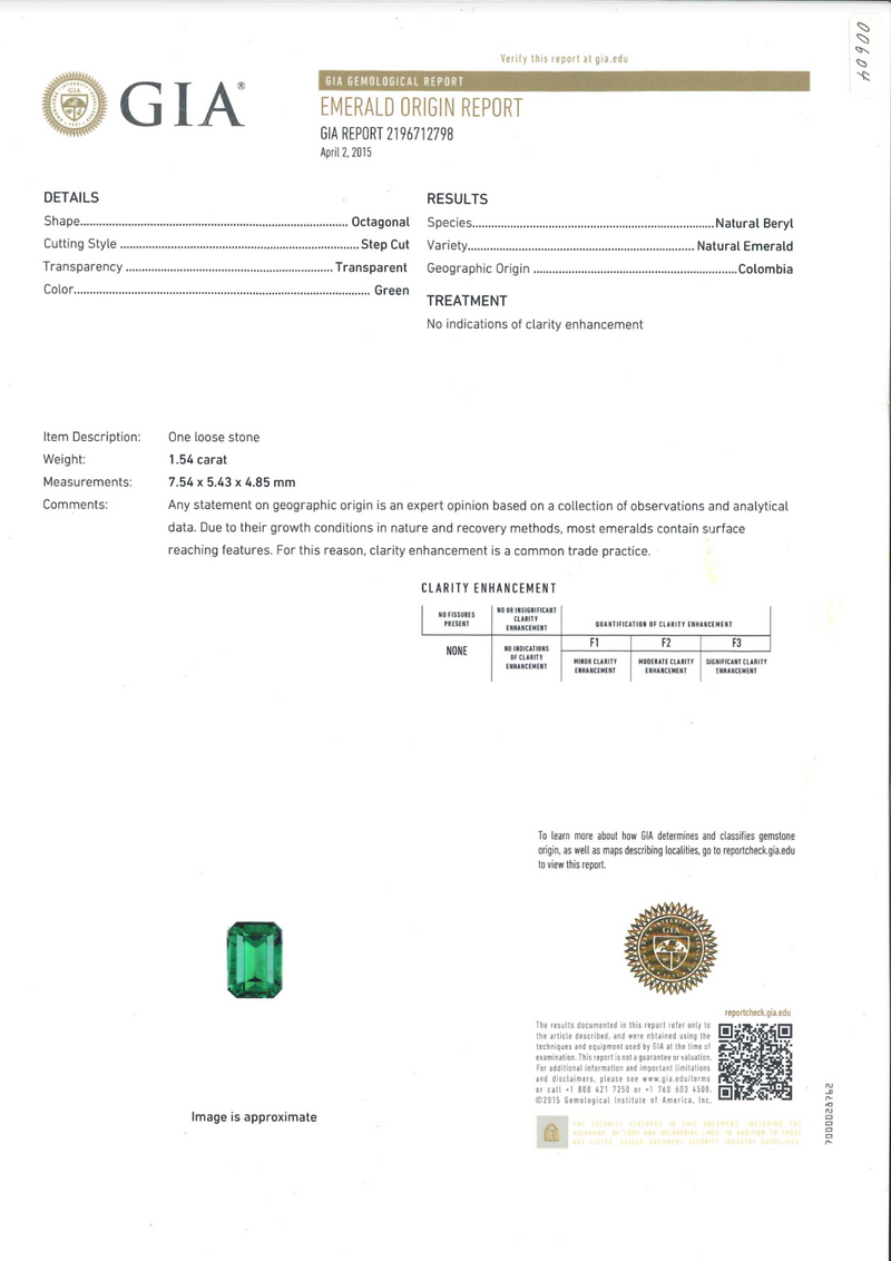 1.54 ct Colombia Green Emerald Ring, Non-Oil