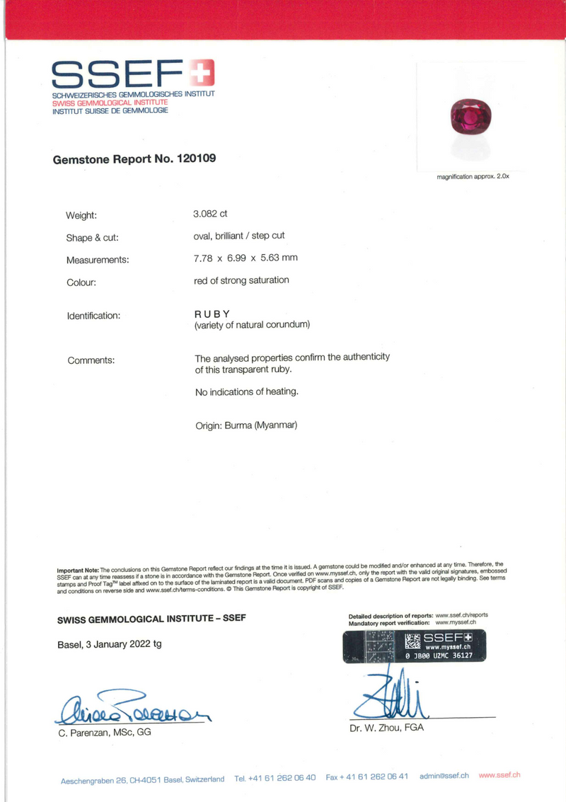 Gubelin/ SSEF certified 3.08 ct "No Heat" Burmese Ruby.